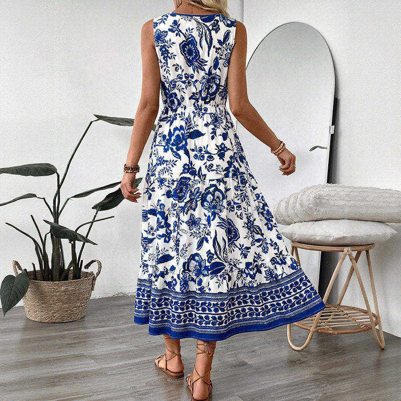 Vintage Floral Print Sleeveless Dress Summer Vacation Style Lightweight Fabric Elegant Design Wholesale Available