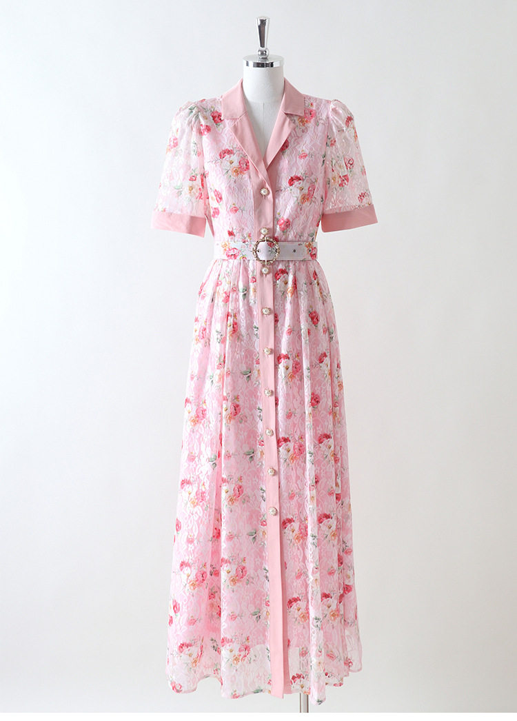 Vintage Lace Pink Dress with Suit Collar Short Sleeve Plus Size French Style Elegant Occasion Wear Wholesale