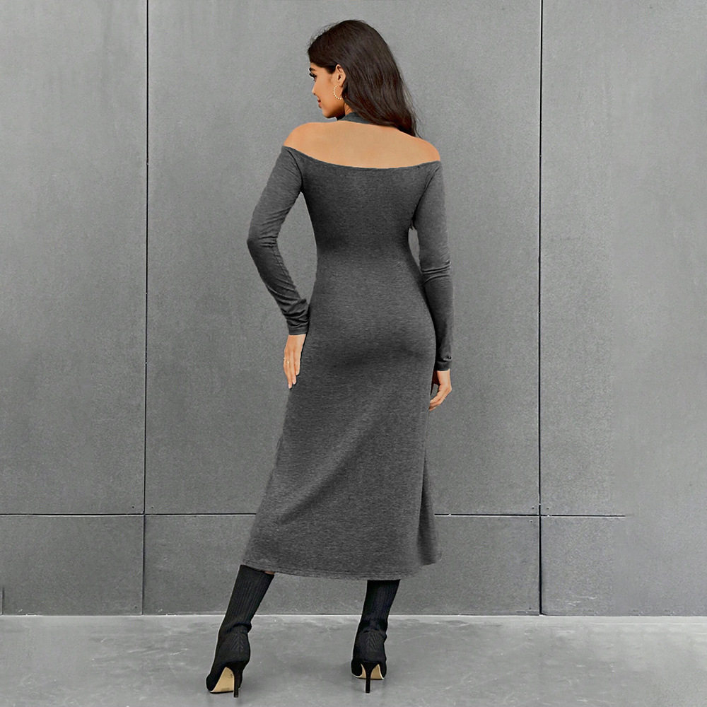 Fashionable Womens High Waist Solid Color Midi Dress Simple Design Halter Neck Slim Fit Autumn Winter Wear