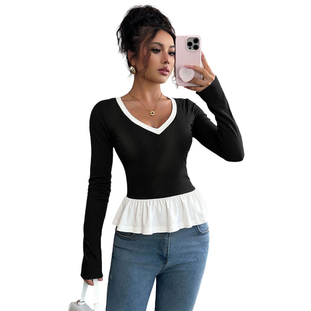 Color Block Long Sleeve T Shirt Slim Fit Lace Detail Round Neck Spring Summer Casual Wear Wholesale Available