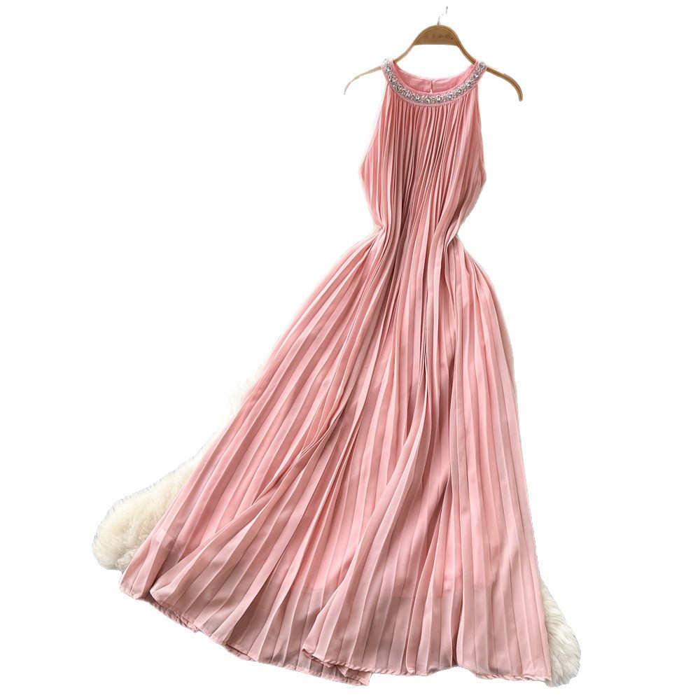 Elegant Sleeveless A Line Dress High Waist Pleated Rhinestone Embellished Summer Fashion in Pink Wholesale Available