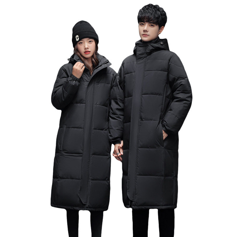 Winter New Men's and Women's Couples Down Jacket Casual Long Over-the-knee Hat Thickened All-match White Duck Down Jacket
