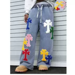 European size [Men's cross-border bestseller] Men's blue loose-fitting jeans with street embroidery craftsmanship