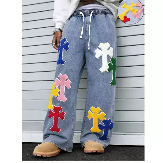 European size [Men's cross-border bestseller] Men's blue loose-fitting jeans with street embroidery craftsmanship