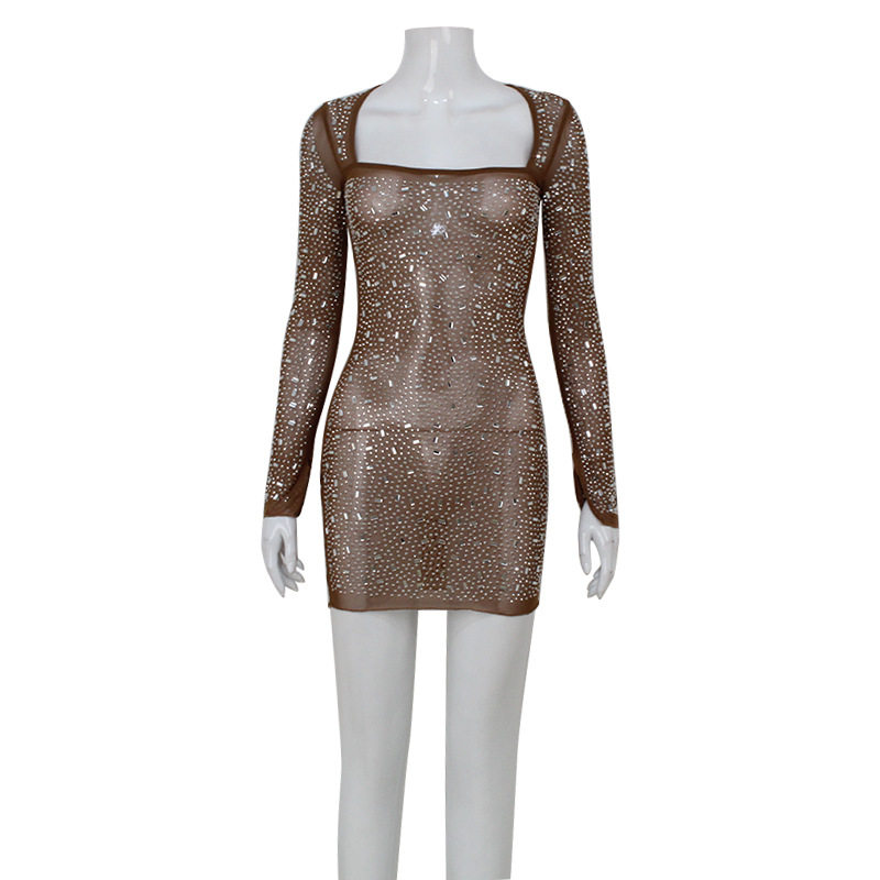 Elegant Square Neck Long Sleeve Dress with Rhinestones High Waist Chic Style Perfect for Parties and Events Wholesale