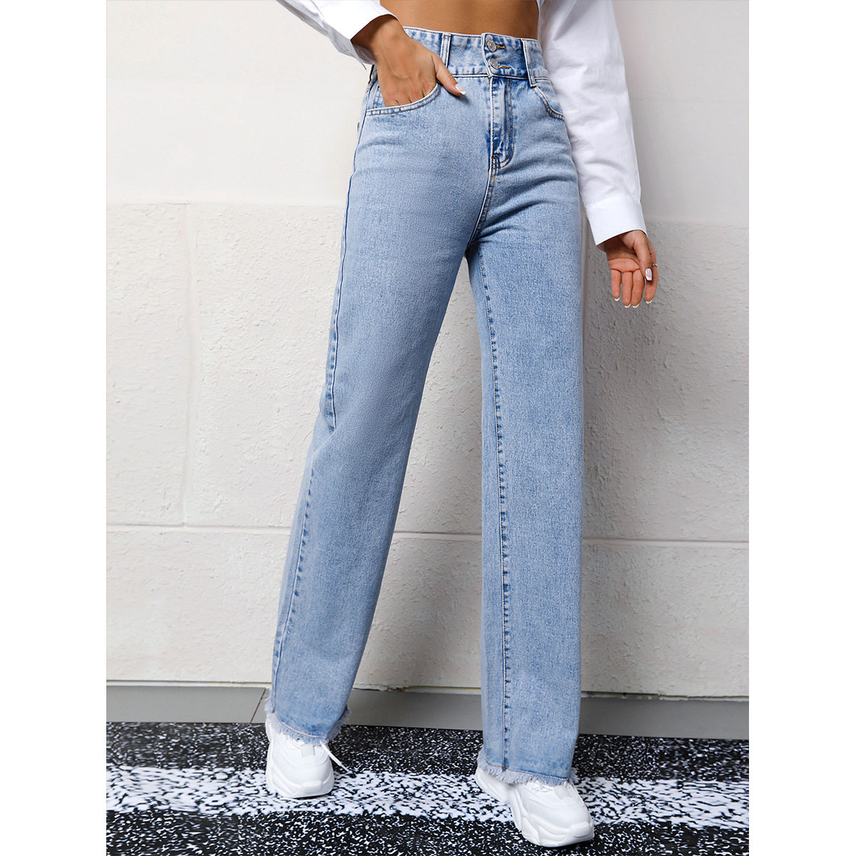 High Waisted Casual Denim Trousers Straight Leg Light Color Versatile Design Perfect for Everyday Wear Wholesale