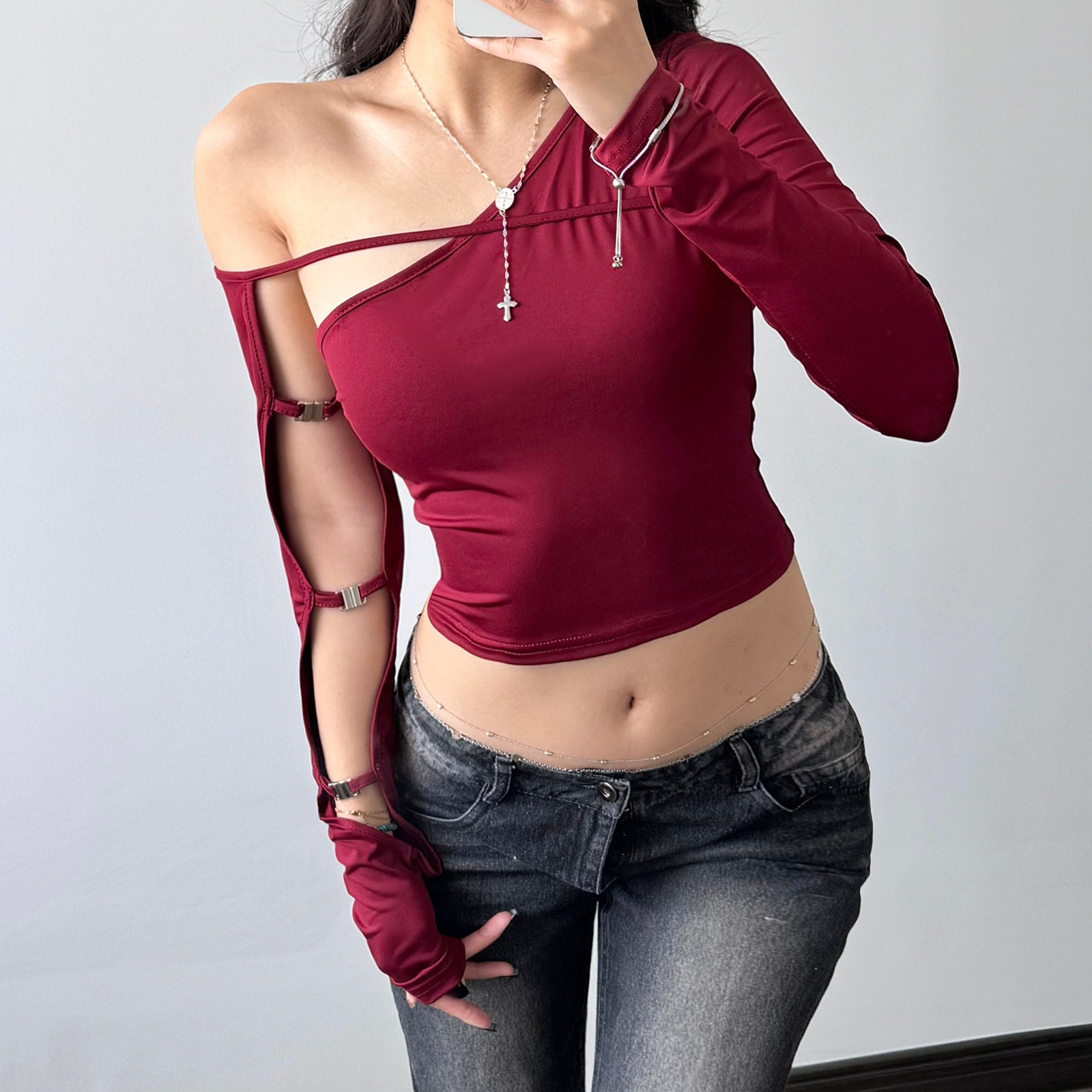 Womens Long Sleeve T Shirt Sexy Irregular Asymmetrical Neckline Hollow Out Design Slim Fit Autumn Fashion