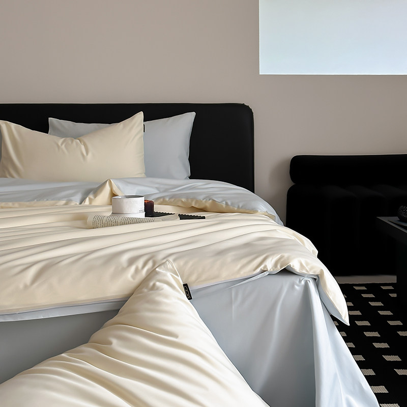 Nordic high-grade solid color 100S satin long staple cotton bed four-piece set A pure cotton quilt cover sheet naked sleep 1.8