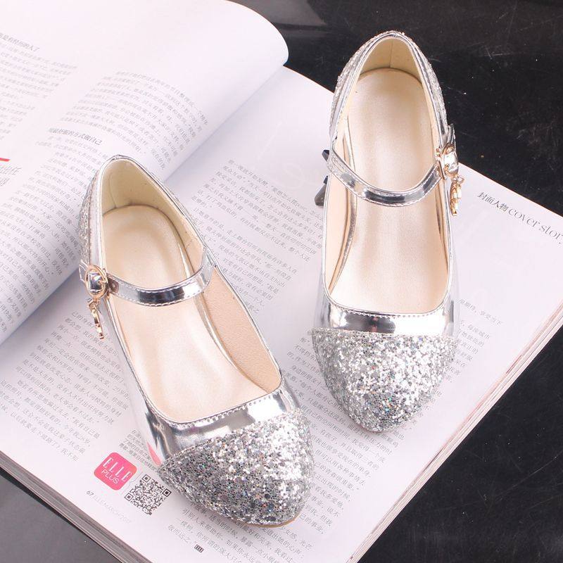 Children's Shoes Girls' Leather Shoes Korean Style High Heeled Princess Shoes Frozen Silver Children's Dance Shoes Aisha Shoes Summer