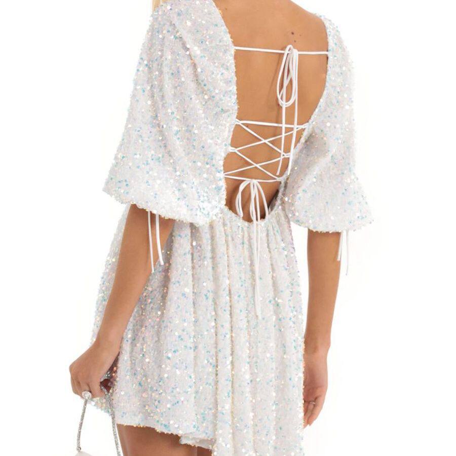 Plus Size Loose Sequin Mini Skirt Dress Short Sleeve Square Neck Solid Color Flared Hem Summer Casual Wear