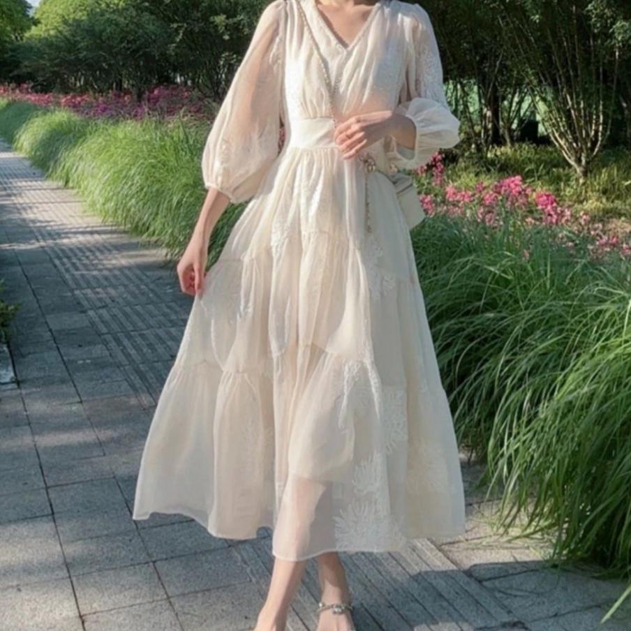 Summer Vintage French Style Embroidered Lantern Sleeve Dress Loose Fit Unique Design Bohemian Aesthetic Perfect for