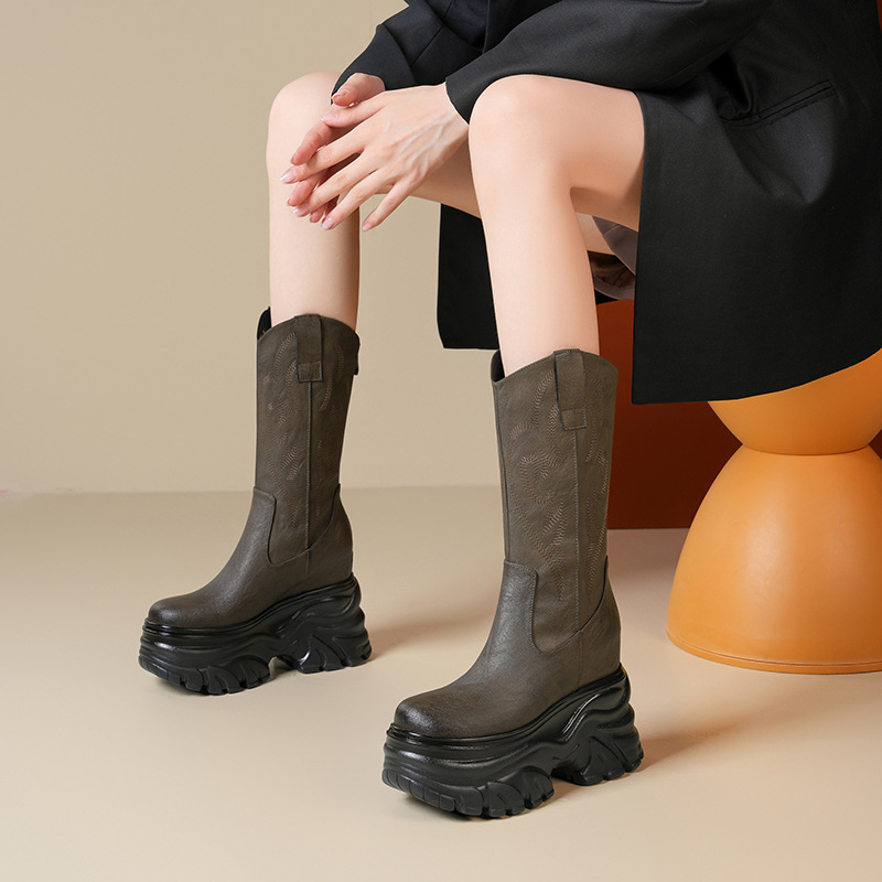 Boot Cổ Thấp Nữ Chất Liệu Da Bò Cao 12cm Tăng Chiều Cao Đế Cao Hàng Mùa Xuân Thu Đông