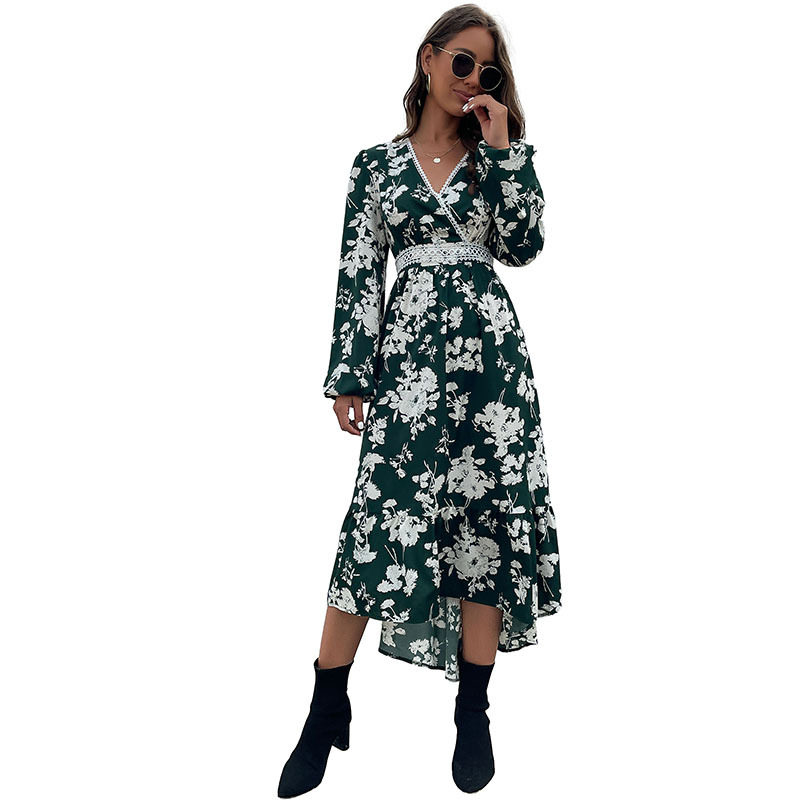 High End Womens Dress Green Floral Print V Neck Long Sleeve Spring Fall Fashion Wholesale Available