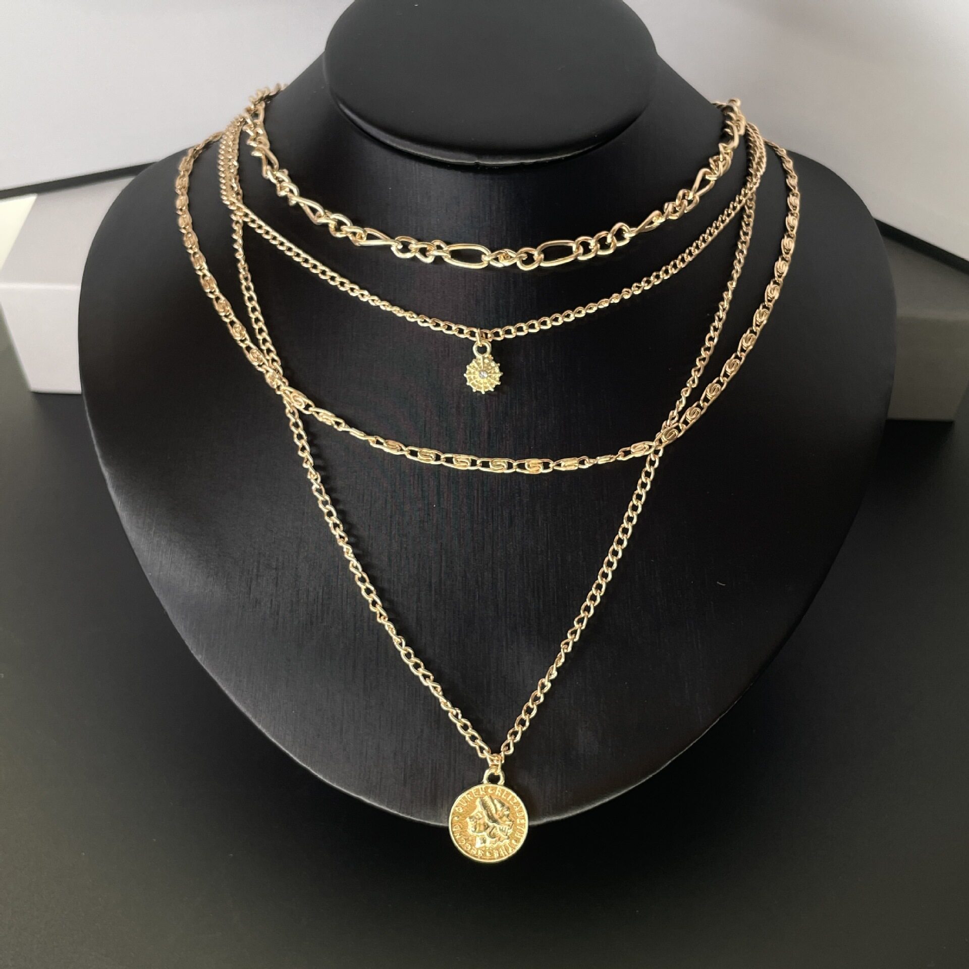 South Korea simple European and American metal portrait coin necklace women's multi-layer stacked light luxury niche temperament exaggerated clavicle chain