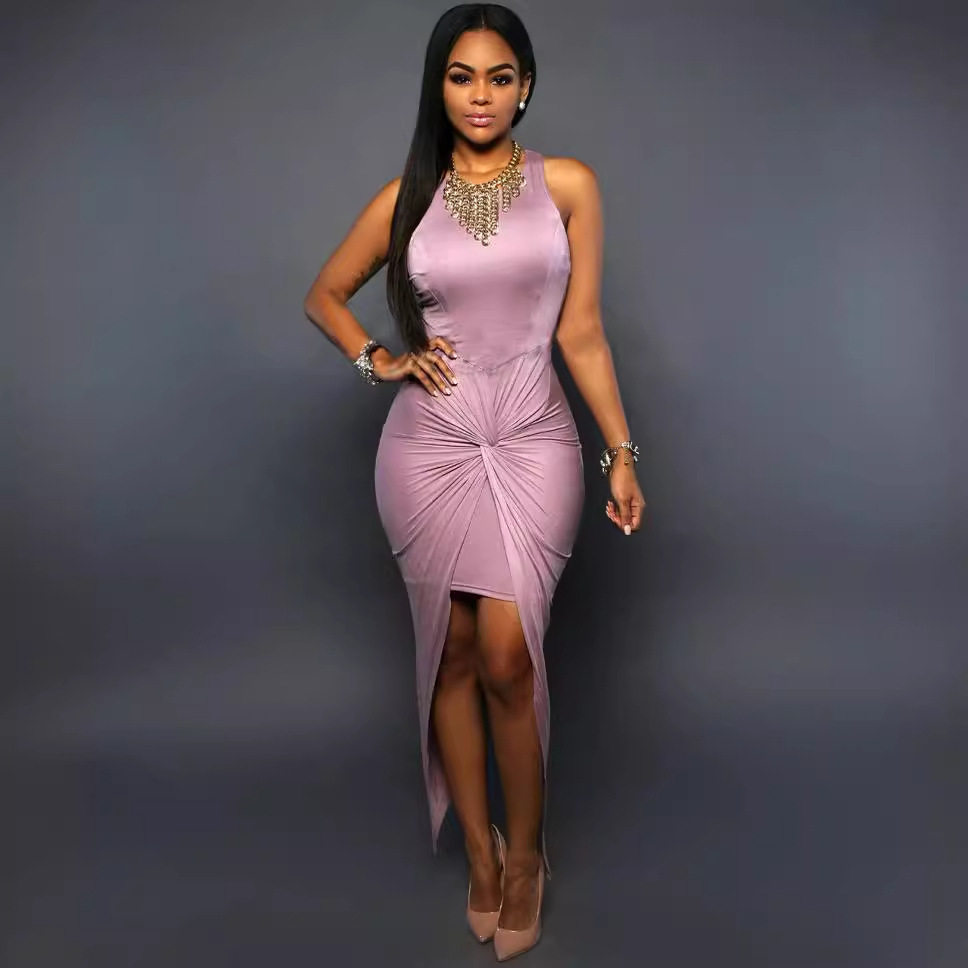 Fashion Party Dress Round Neck Sleeveless Knot Detail Pleated Nightclub Wear Wholesale Available