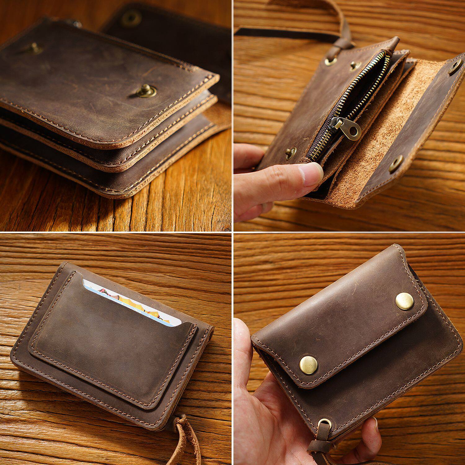 Cross-border first layer cowhide simple card holder handmade leather short wallet vintage Crazy Horse leather zipper wallet storage bag
