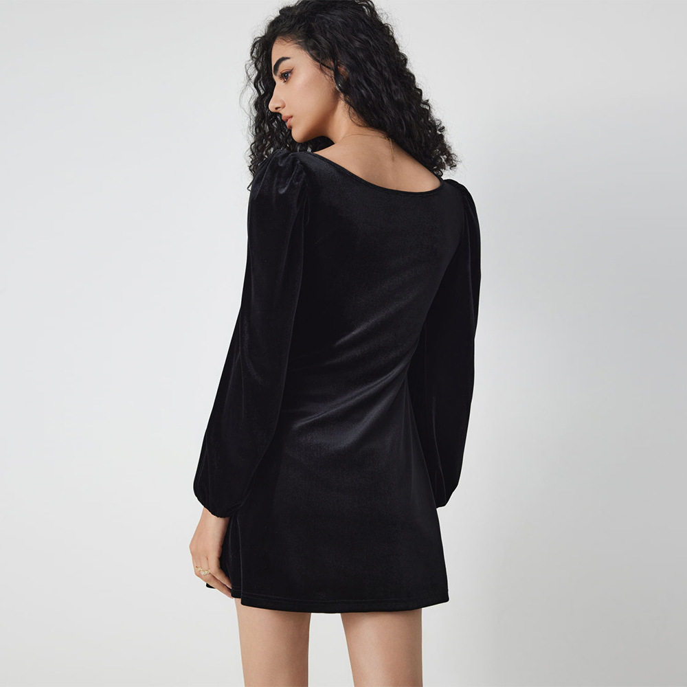 A Line Velvet Dress Slimming Waist Design Long Sleeves Square Neck Autumn Winter Party Wear Wholesale Available