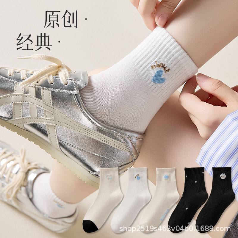 袜子女秋季新款防臭中筒百搭小白袜透气网眼薄款卡通短袜夏季女袜