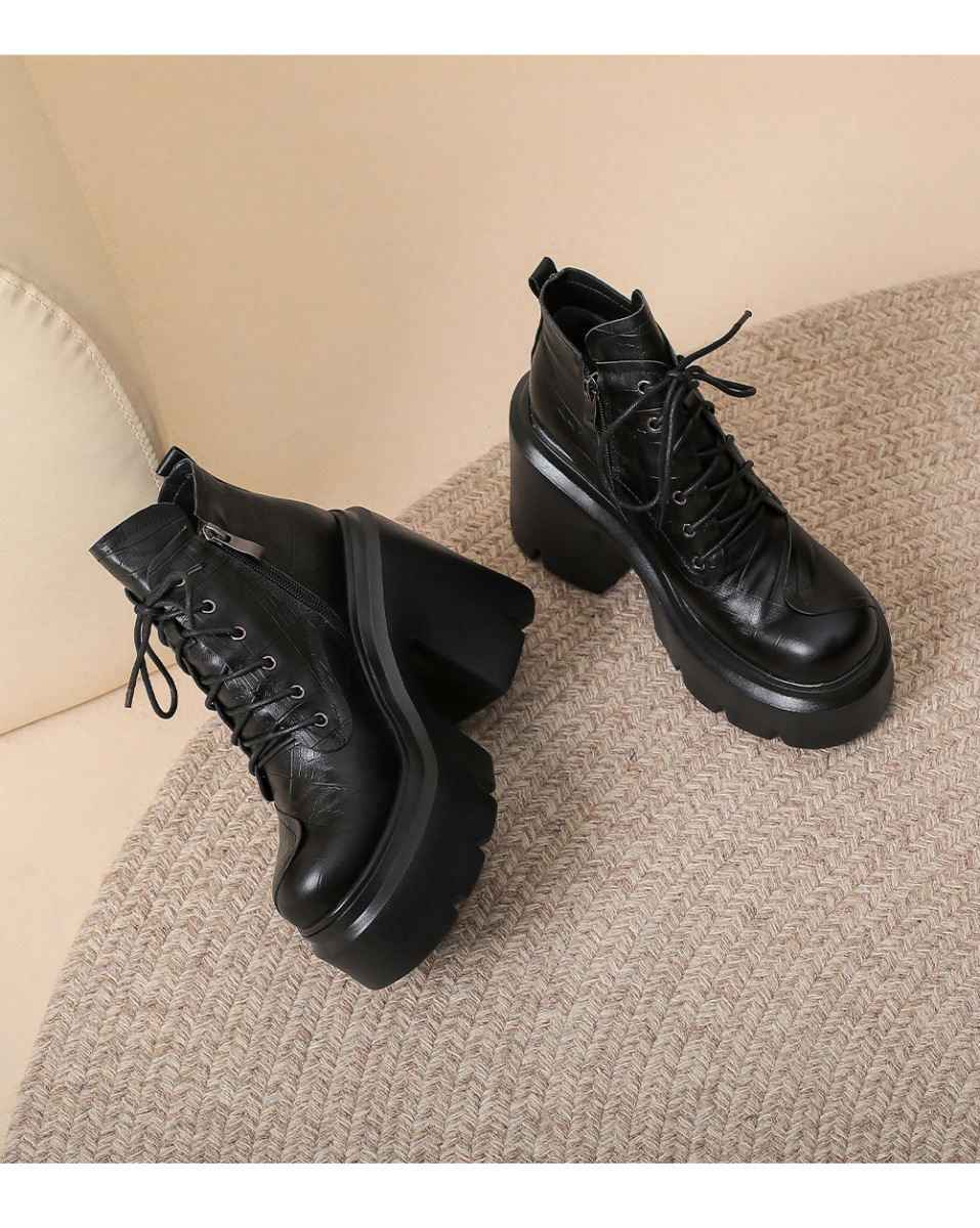 Boot Martin nữ da bò thật tăng chiều cao 12cm gót thô đế dày cổ ngắn — Lớp lót đơn màu đen, Lớp lót đơn màu nâu, Lót nhung đen, Lót nhung màu nâu