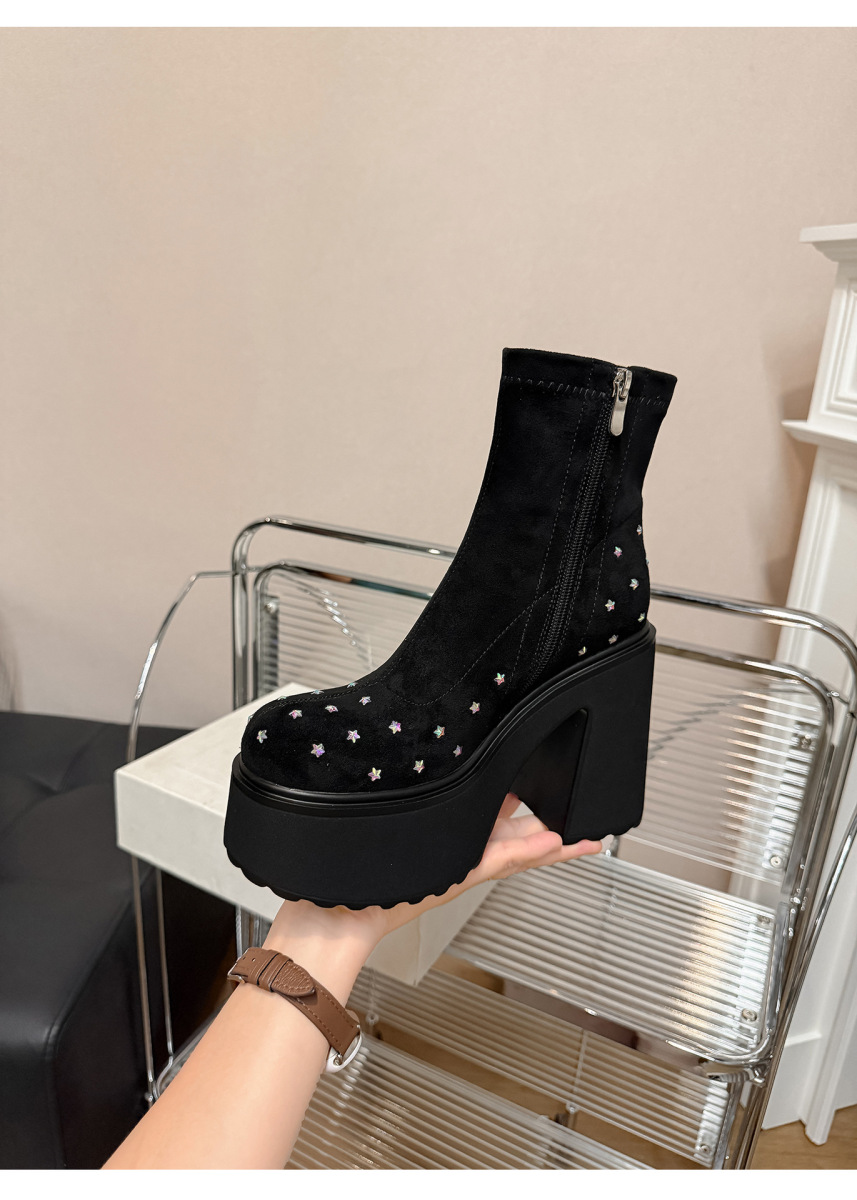 Boot nữ cổ ngắn đế dày khóa kéo bên hông, gót thô tăng chiều cao — Lớp lót đơn màu đen, Lớp lót đơn màu xanh lá, Lót nhung đen, Lót nhung xanh lá