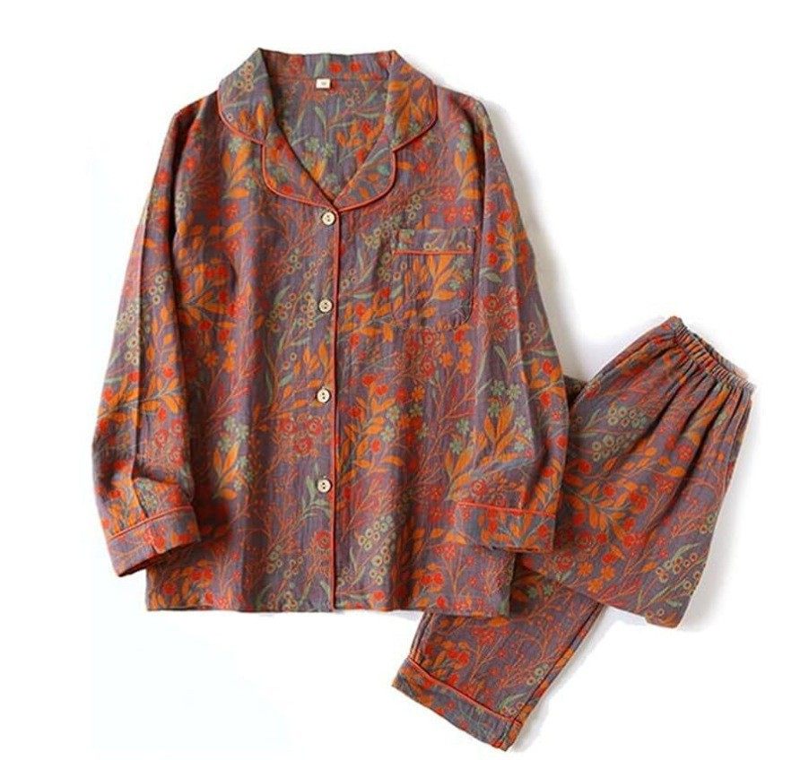 翻领双层纱布睡衣女春夏秋薄款长袖长裤套装开衫家居服二件套外穿