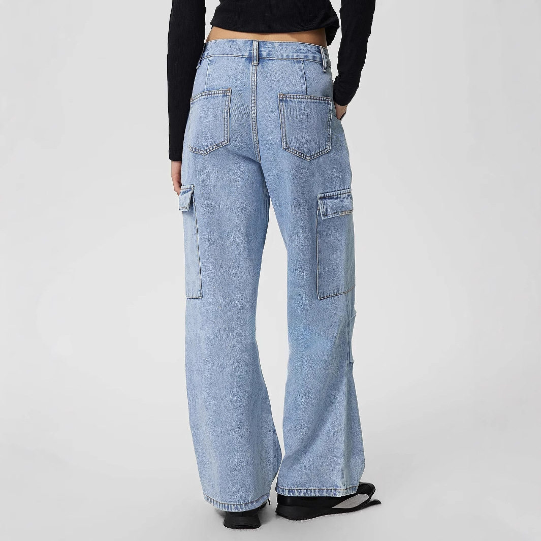 Womens Casual High Waisted Denim Trousers Slim Fit Large Pockets European and American Style Perfect for Everyday