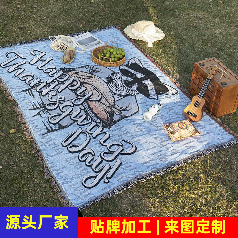 Cross-Border Customized American Outdoor Camping Blanket Picnic Mat Jacquard Sofa Blanket Thickened Decorative Tapestry Cotton Thread Blanket in Stock