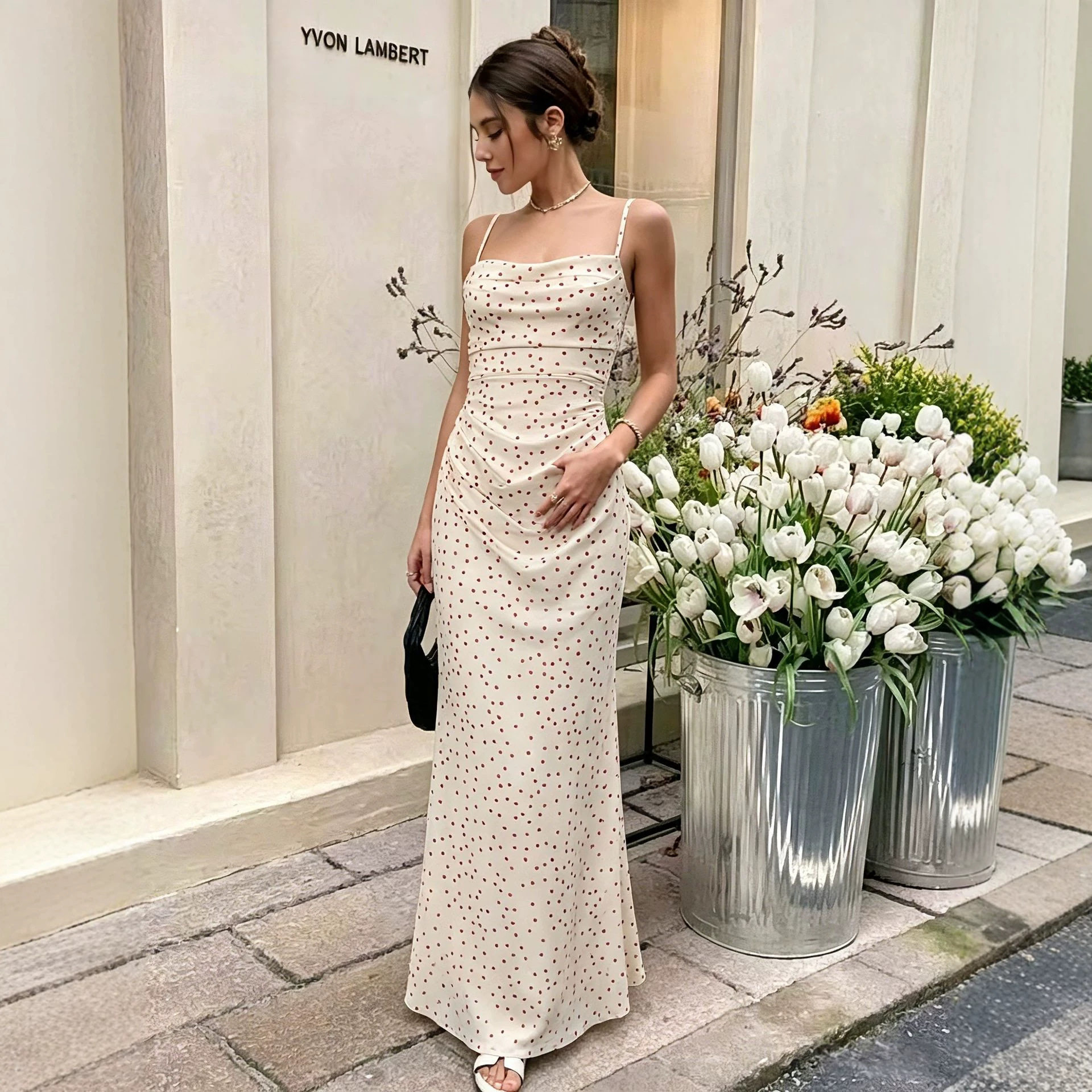 French Style Polka Dot Slip Dress Sleeveless Bodycon Fit Elegant Neckline Summer Vacation Wear Wholesale Available