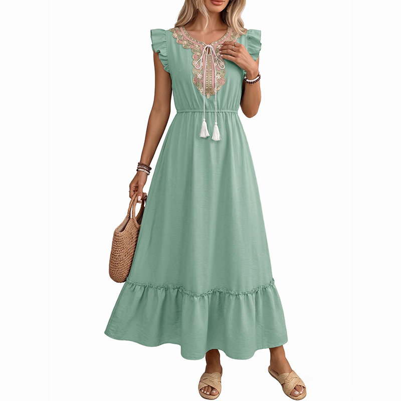 Floral Lace Trim Tassel Flutter Sleeve Dress Fresh Vacation Style Perfect for Summer Events OEM Available