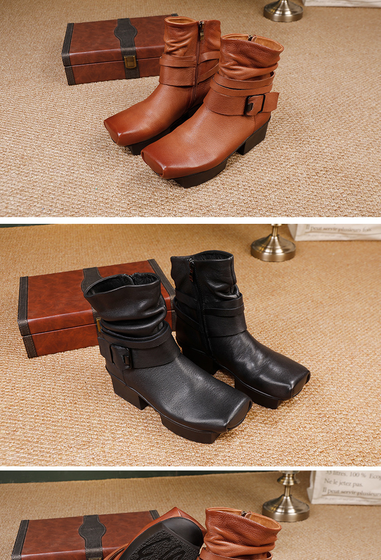 Boot nữ da bò thật cổ thấp mũi vuông gót vừa phong cách retro — màu đen, màu nâu