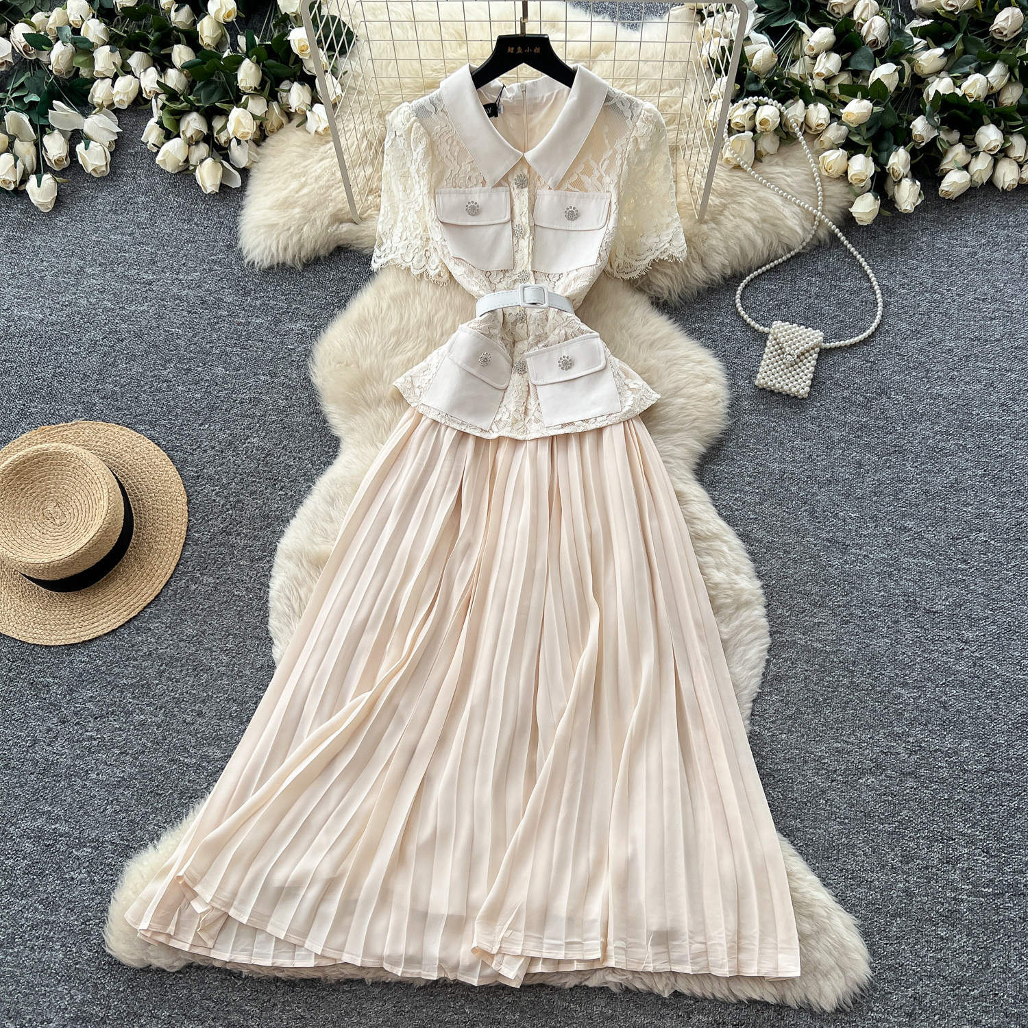 Red Lace Trimmed Dress French Chic Elegant Pleats Summer Style Perfect for Commuting and Special Occasions