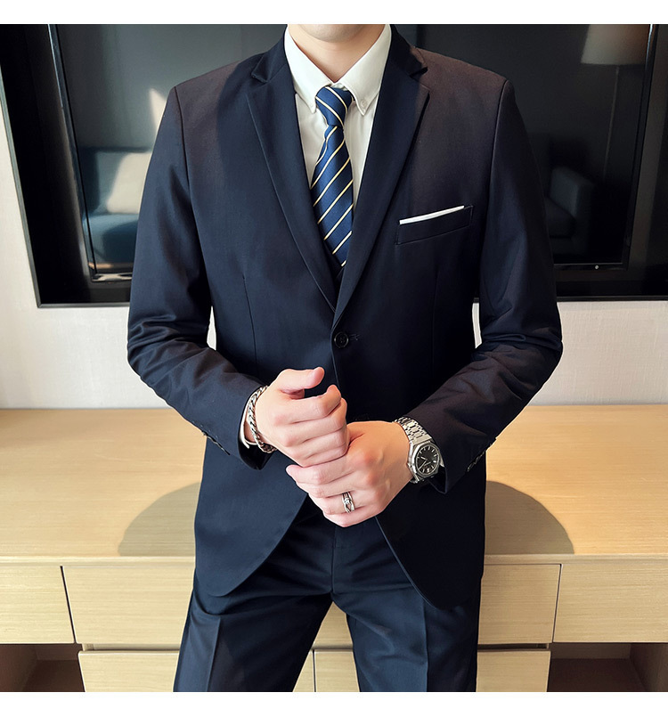 Bộ vest nam ôm dáng ba món phong cách công sở và dự tiệc cưới — Màu xám (áo một nút + áo vest + quần), Màu xanh navy (áo một nút + vest + quần), Màu xám (áo một nút + quần), Màu xám (áo đơn một nút)