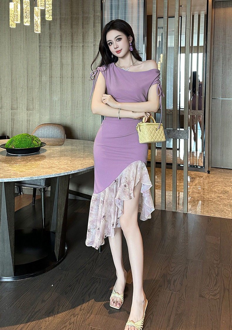 Đầm ôm body nữ dáng đuôi cá tay ngắn cổ yếm họa tiết hoa nhí — [Tím] chi tiết 6