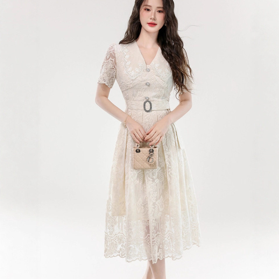 Elegant Lace V Neck Short Sleeve Dress Summer Waist Tie Slim Fit Princess Style Wholesale Availability