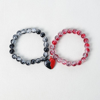 Cross-Border Hot-Selling 8mm Floral Beads Bursting Beads Glass Beads Magnetic Heart Handle Handmade Beaded Couple Bracelet