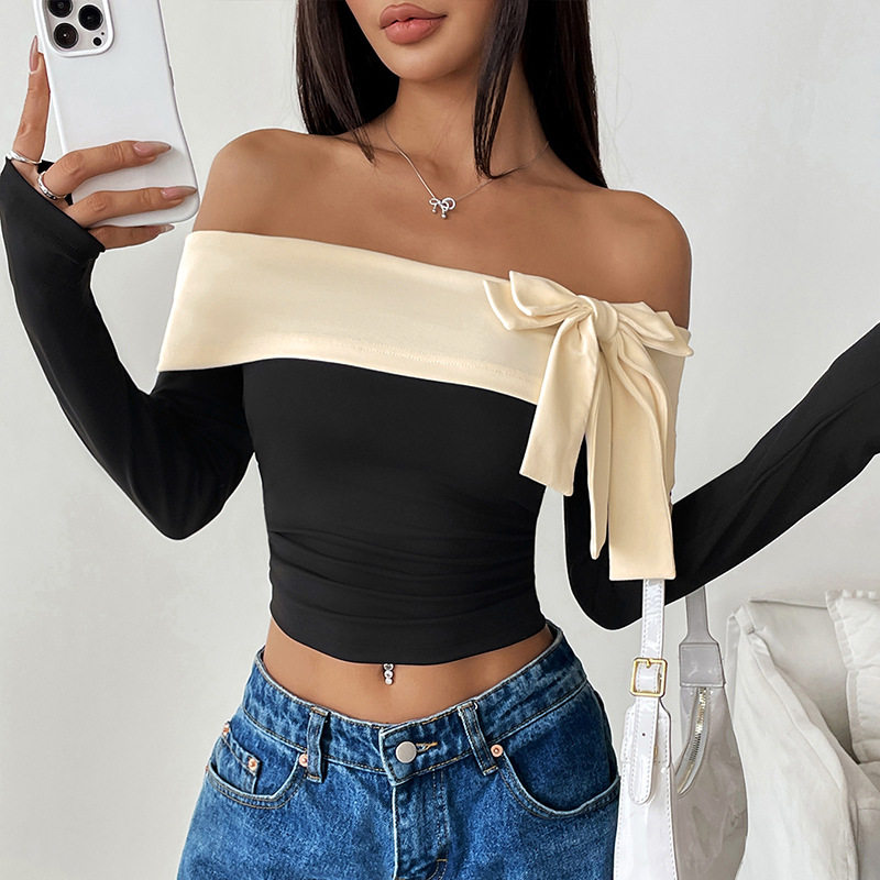 Off Shoulder Color Block T Shirt Sexy Bow Design European and American Style Casual Wear Wholesale Available