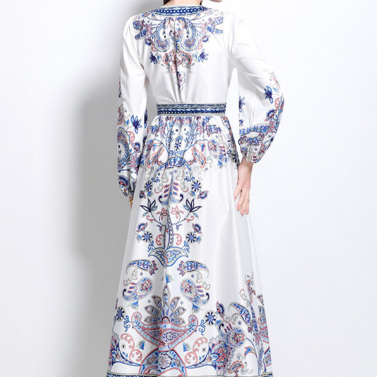 Vintage Floral Print Maxi Dress Cross V Neck Waist Tie Lantern Sleeves Spring Fashion for Women Wholesale Available