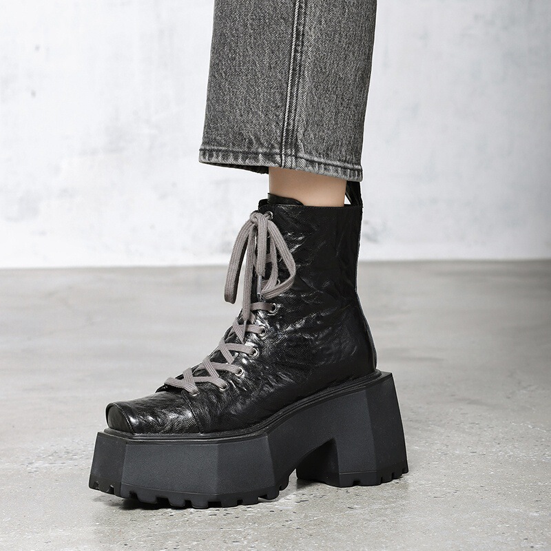 Boot Martin nữ đế dày 9cm mũi vuông gót thô tăng chiều cao — Màu đen lót một lớp, Màu đen lót nhung, Màu nâu lót một lớp, Màu nâu lót nhung