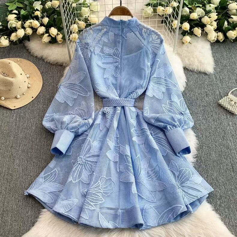 Elegant French Style Womens A Line Dress Lace Up Waist Hollow Embroidery Single Breasted Perfect for Formal