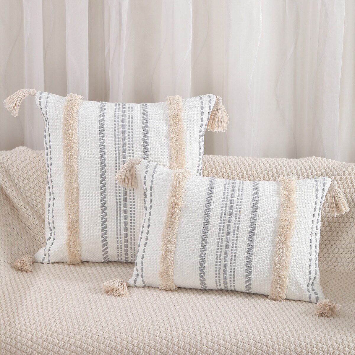 New Cotton Gauze Jacquard Tufted Tassel Pillow Case Office Lumbar Pillow Home Sofa Bedside Cushion Wholesale