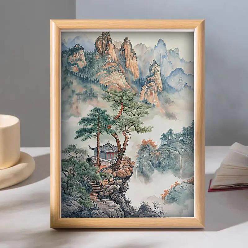 Chinese Style Ink Painting Desktop Ornaments Wooden Photo Frame Freehand Landscape Decoration Gift
