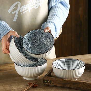 Japanese-Style Ceramic Tableware with Vertical Stripes, Machine-Printed Underglaze Color Ceramic Bowl, Ramen Bowl, 6inch Bowls, Sweet Soup Bowl, Striped Spring Light