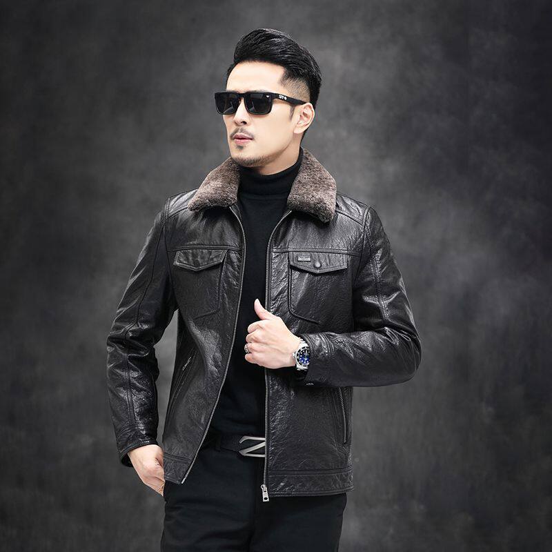 Áo Khoác Da Thật Nam Lót Lông Cừu Non Cổ Bẻ Dáng Bomber Màu Đen