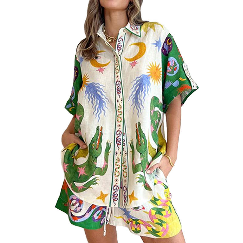 Womens Floral Print Shirt and Tie Front Shorts Set Casual Elegant Style Spring Collection Wholesale Available