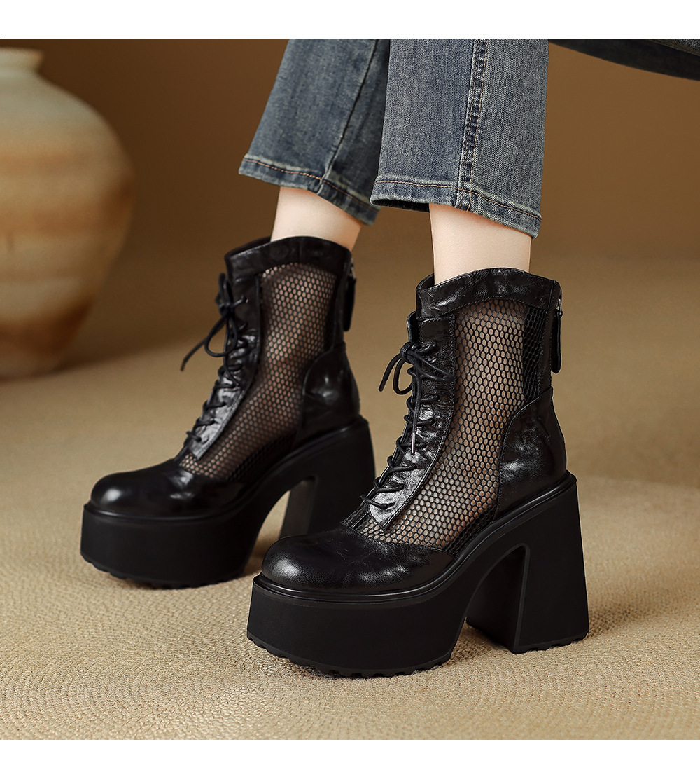 Boot nữ cao gót siêu cao đế platform khoét lỗ phối lưới thoáng khí — màu đen