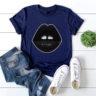 Plus Size Womens Black Short Sleeve T Shirt Lips Print Round Neck Fitted Style Casual Wear Wholesale Available