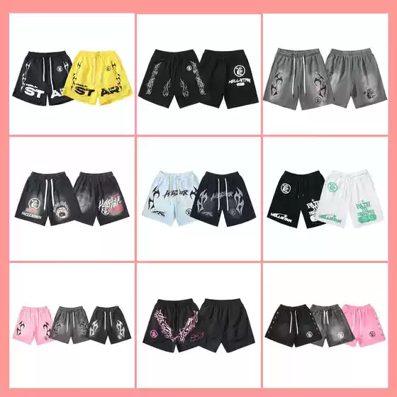 2024 summer new washed and worn casual shorts, flame printed trendy brand Hell Star men's five quarter pants