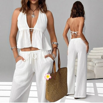 Amazon 2026 Spring/Summer European and American Cross-Border Women's Halter Neck Tie Sexy Backless Sleeveless Tank Top Slim Fit Set