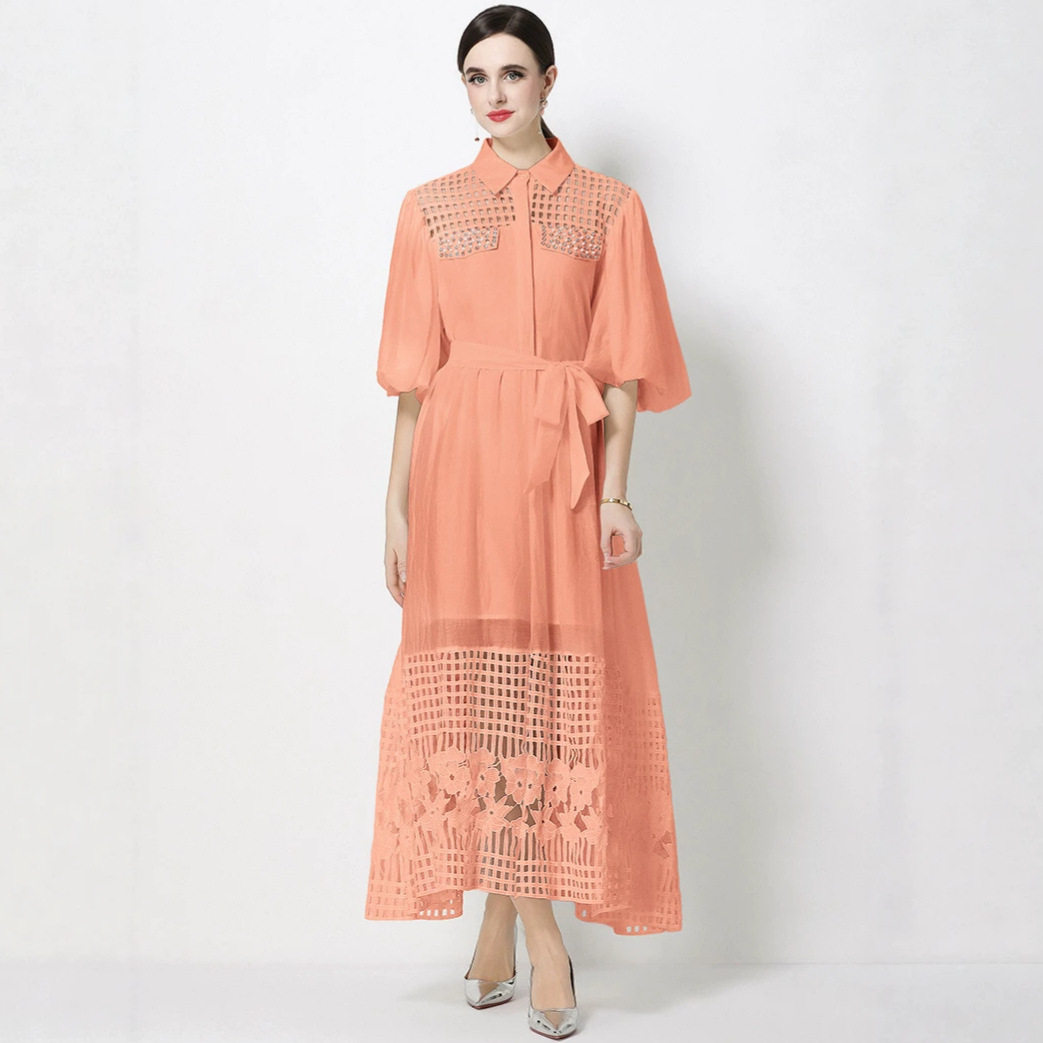French Elegant Lace Long Dress Beaded Hollow Puff Sleeves High End Sophisticated Style for Special Occasions
