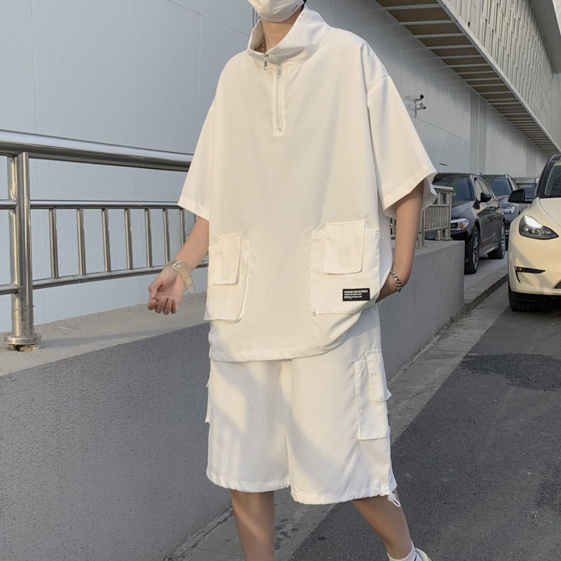 潮流情侣装短袖拉链T恤套装痞帅男士春夏季ins潮牌宽松工装衣服